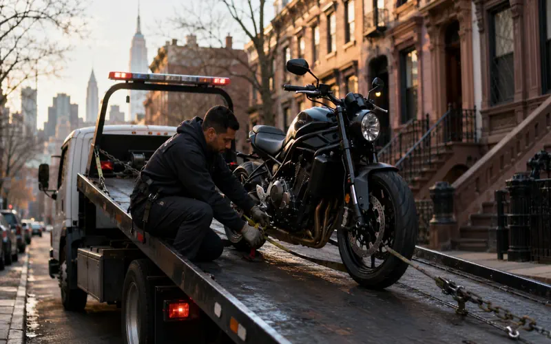 Motorcycle repossession on a New York City street with flatbed recovery truck